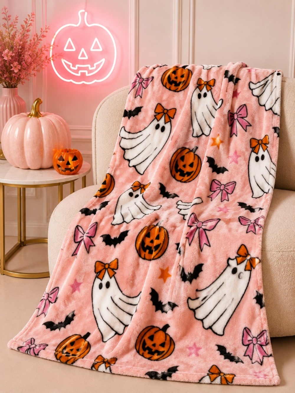 Pink Halloween Ghost Plush Throw Blanket Bats Pumpkins Bows 60x70 Soft